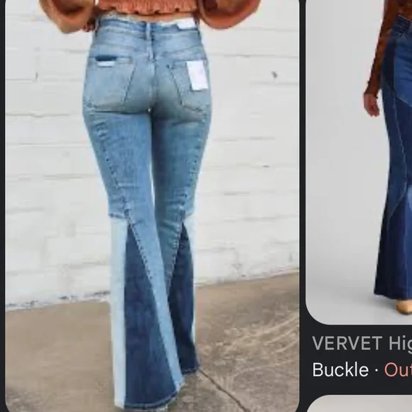 Vervet Women's High Rise Colorblock Panel Flare Southwestern Jeans - Blue - Picture 2 of 8